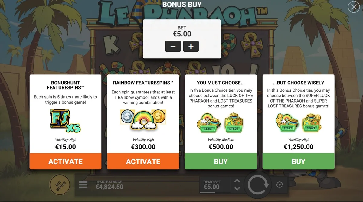 Le Pharaoh four-tier bonus buy menu from 15 to 1250 euros at 5 euro bet