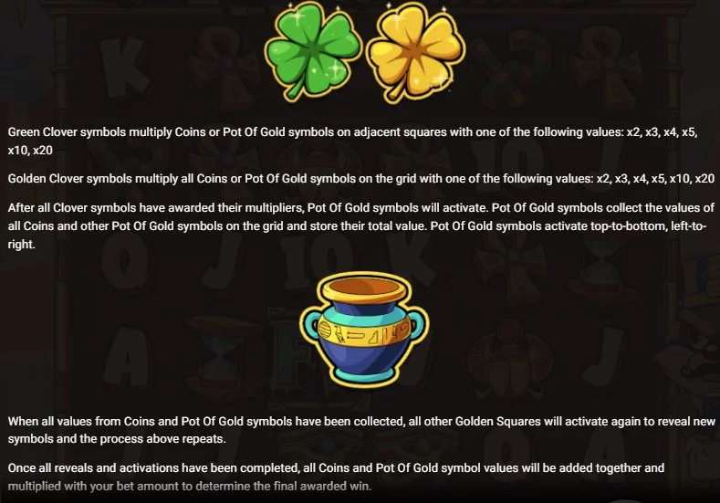 Le Pharaoh Green and Golden Clover multipliers and Pot of Gold collector mechanic
