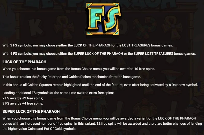 Le Pharaoh bonus choice menu with Luck of the Pharaoh free spins rules
