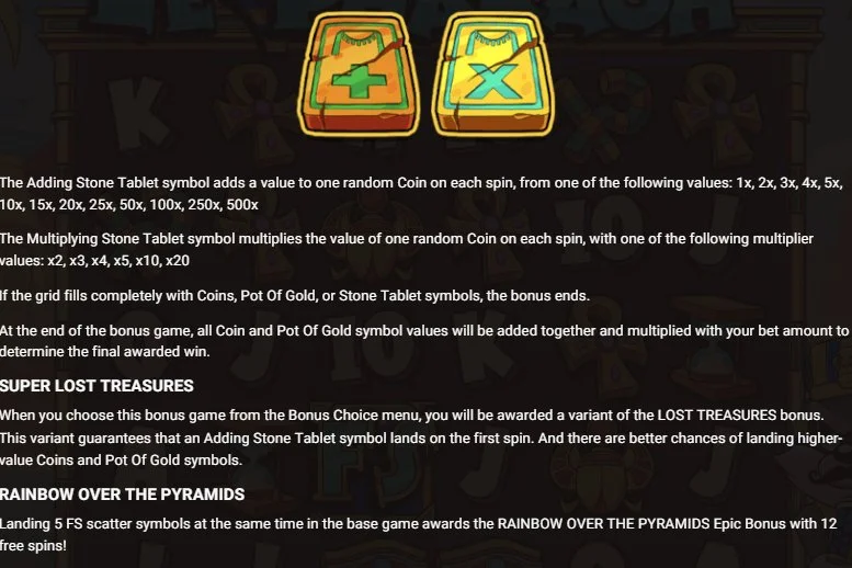Le Pharaoh Lost Treasures bonus with Adding and Multiplying Stone Tablets
